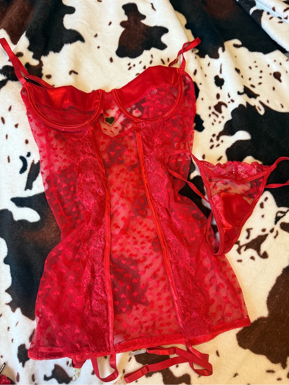 Red Mesh Lace Chemise with Thong - Women's Intimates